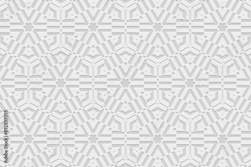 Embossed white background, tribal cover design, banner. Geometric stylish 3D pattern. Ethnic ornaments, arabesques, mandala. Vintage, handmade. Traditions of the East, Asia, India, Mexico, Aztec, Peru