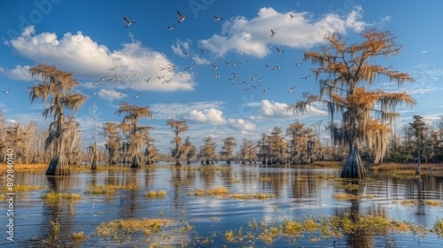 Stunning Landscape of Serene Cypress Swamp with Reflective Waters, Dramatic Clouds and Vibrant Foliage under a Clear Blue Sky