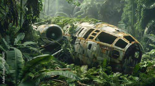 Fototapeta Naklejka Na Ścianę i Meble -  Crashed abandoned spaceship in jungle, extraterrestrial spacecraft overgrown by green plants on planet. Concept of space, ufo, forest, future, wreck and futuristic