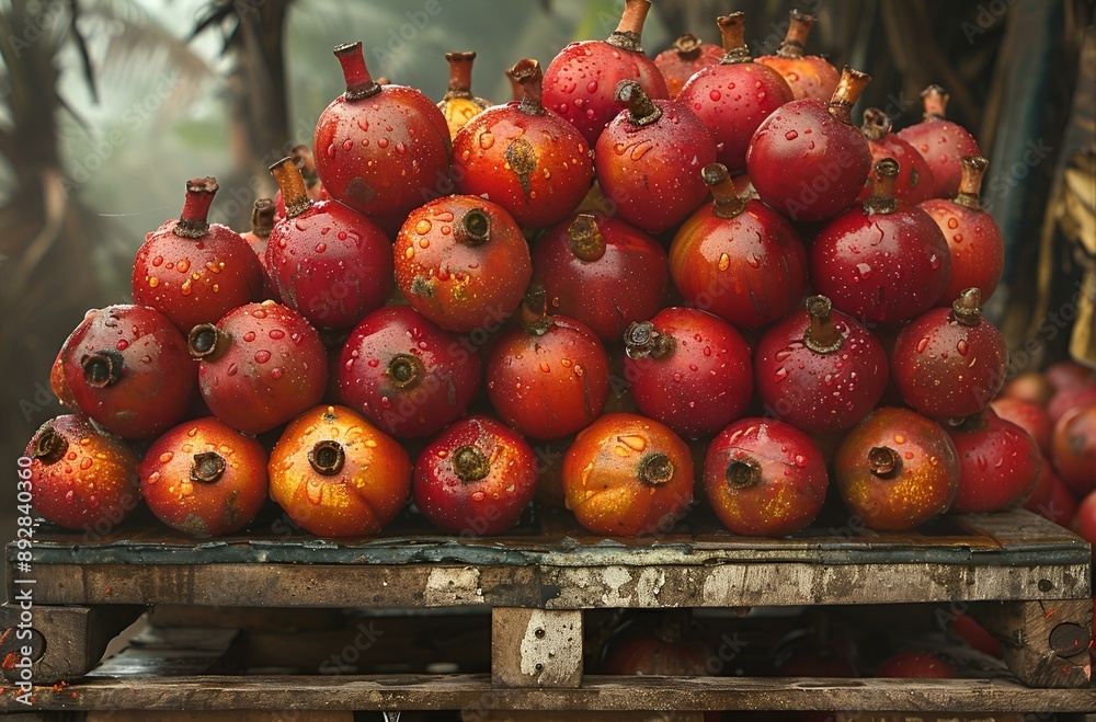 a pile of pomegranates on a pallet. a pile of pomegranates on a pallet.