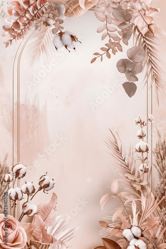 Floral arched frame, beige and peach roses, cotton branches, delicate leaves, and soft pampas grass, suitable for wedding or birthday invitations, greeting cards, event ticket, flyer. Boho style