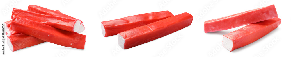 Tasty crab sticks isolated on white, set Tasty crab sticks isolated on white, set