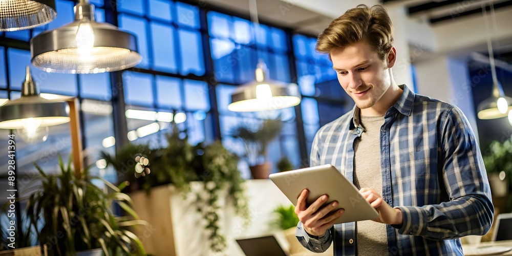 A young entrepreneur confidently holds a tablet in a creatively designed workspace, featuring bright details and soft blur that accentuate the dynamic business atmosphere. A young entrepreneur confidently holds a tablet in a creatively designed workspace, featuring bright details and soft blur that accentuate the dynamic business atmosphere.