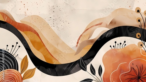 Abstract background of artwork showcasing a combination of flowing organic shapes and minimalist spirals in a palette of warm earth tones, Generative AI illustrations.  