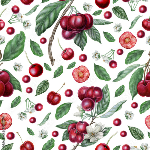 Cherry berries with leaves, watercolor floral seamless pattern on white  background for table textile, summer fabrics, scrapbooking, decoupage etc. 