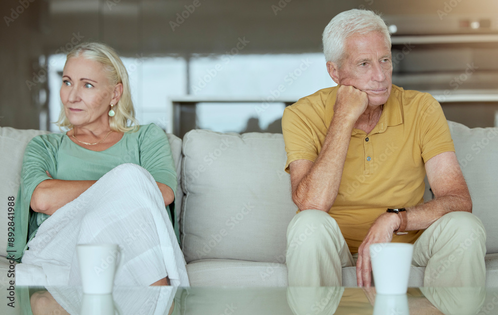 Mature couple, home and sad with argument on sofa with conflict, disagreement and fight. People, relationship and stress or angry for divorce with marriage problems, cheating and toxic or unhappy Mature couple, home and sad with argument on sofa with conflict, disagreement and fight. People, relationship and stress or angry for divorce with marriage problems, cheating and toxic or unhappy