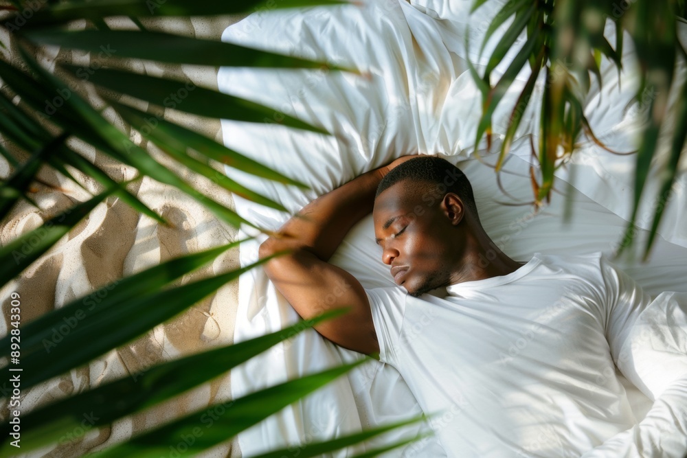 Serene african man enjoys quietude of restful slumber soft bedding. Man reposeful state shows solitude and tranquility serene nighttime. Visual allegory of solitude and relaxation Serene african man enjoys quietude of restful slumber soft bedding. Man reposeful state shows solitude and tranquility serene nighttime. Visual allegory of solitude and relaxation