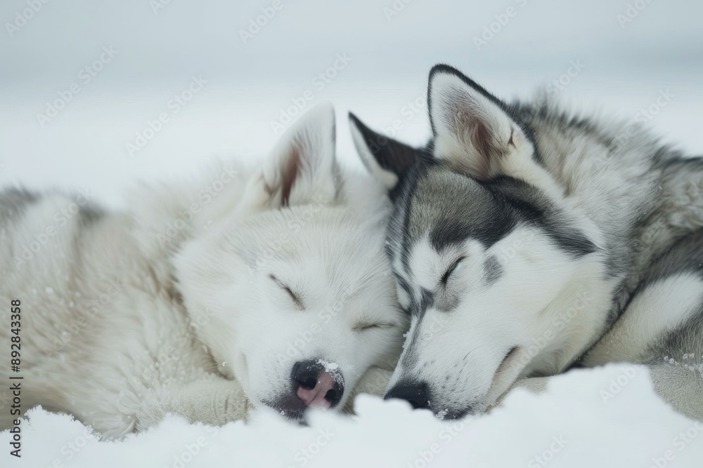 Obraz premium Serene scene of peaceful siberian huskies resting in the cold snow, cuddling and enjoying the tranquility of winter