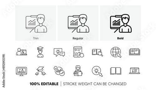Book, Video tutorial and Instructions. Education line icons. Presentation linear icon set. Line icons set. Vector