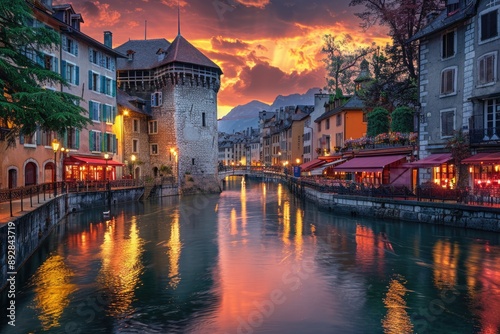 Annecy France. Mediaeval Cityscape with Thiou River, 2024 Scenery and Landmark Bridge