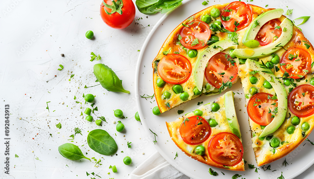 Breakfast. Omelette with tomatoes, avocado, blue cheese and green peas on white plate. Frittata - italian omelet Breakfast. Omelette with tomatoes, avocado, blue cheese and green peas on white plate. Frittata - italian omelet