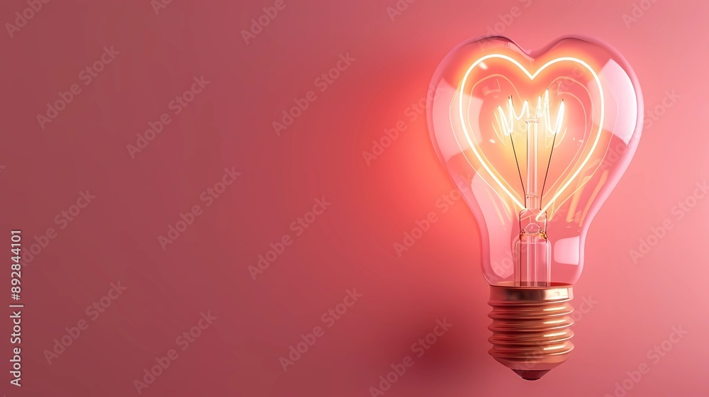 A light bulb with glowing heart shape inside on soft pink background, Generative AI illustrations. 