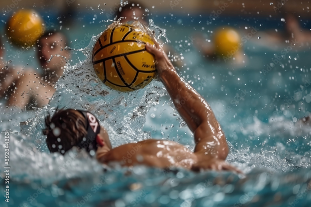 A Water Polo Player Reaches for the Ball Amidst the Splashing Waves A Water Polo Player Reaches for the Ball Amidst the Splashing Waves