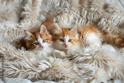 Two adorable kittens with mesmerizing eyes snuggling together on a soft, textured blanket © anatolir