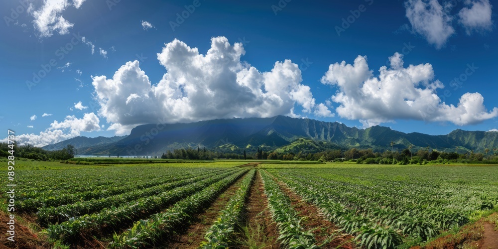 Hawaii Farm. Aerial View of Emerald Fields in Hanalei Valley under Blue Sky Hawaii Farm. Aerial View of Emerald Fields in Hanalei Valley under Blue Sky