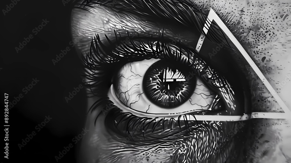 Obraz premium Close up of a eye with a pair of scissors, realistic front eye in triangle, Generative AI illustrations. 