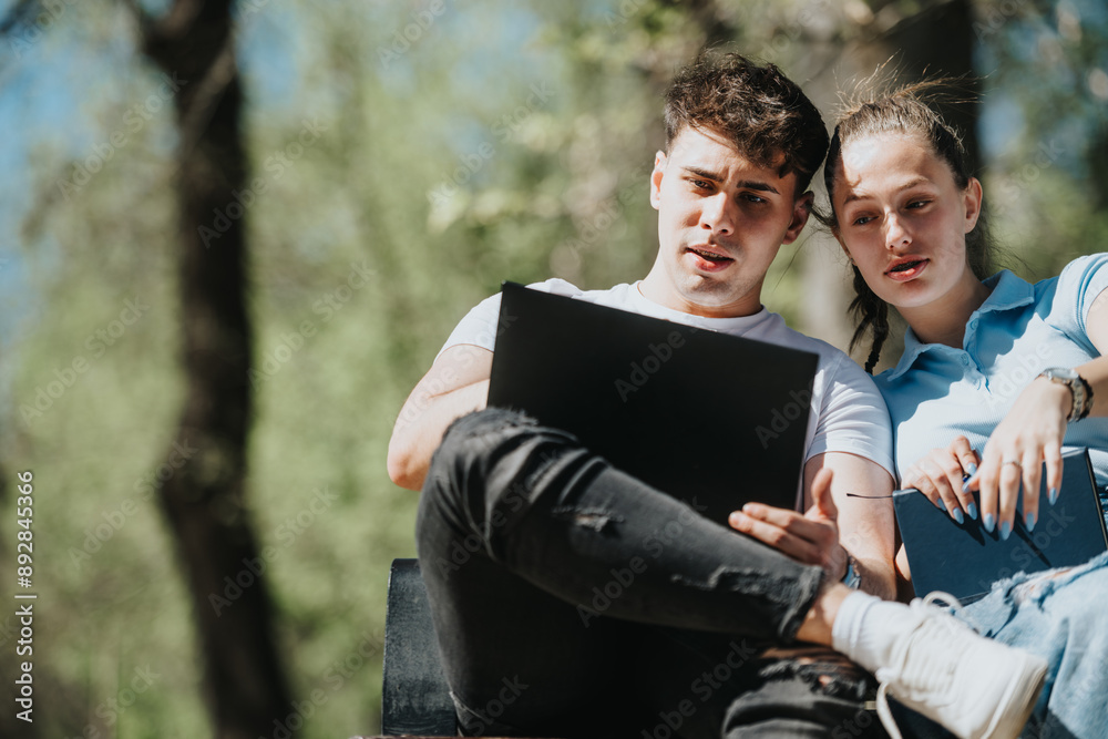 Two young friends focused on their studies and discussing ideas while seated outdoors, surrounded by greenery. Two young friends focused on their studies and discussing ideas while seated outdoors, surrounded by greenery.