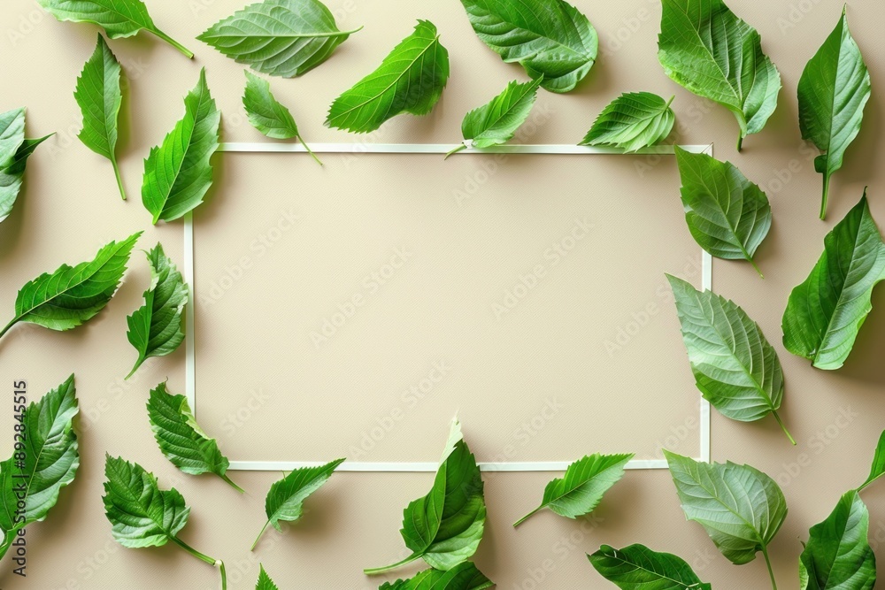 Green leaves arranged around a white frame on a beige background