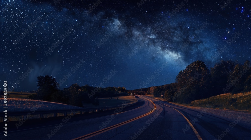 Fototapeta premium Highway at night, starry sky, light traffic, peaceful landscape