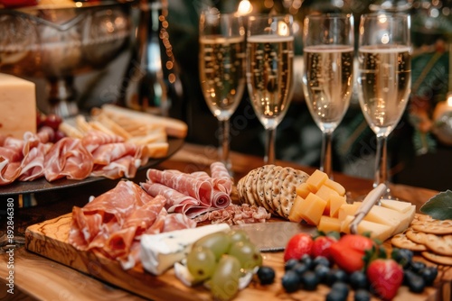 Wedding Snack Bar. Buffet Reception with Wine and CanapÃ©s on Wooden Board photo