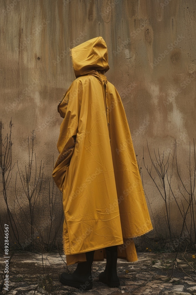 Naklejka premium A person wearing a bright yellow raincoat stands in front of a wall, providing a pop of color against the neutral background