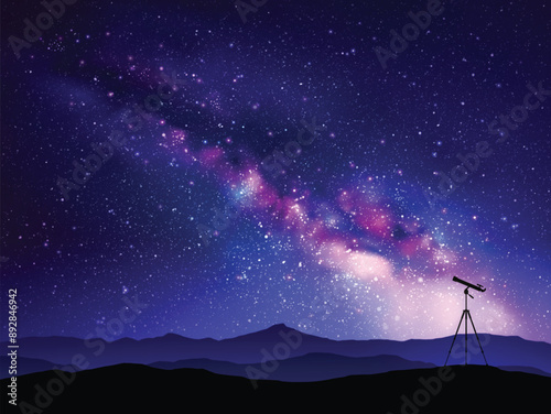 Telescope on tripod. Stargazing in mountains. Milky Way in starry sky