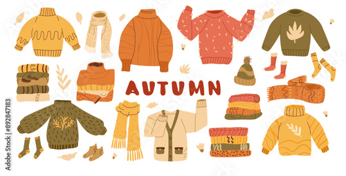 Set of cozy autumnal sweaters, scarves, socks, and warm accessories. Fall apparel clothes, cardigan, beanie kit. Vector hand drawn flat collection illustration isolated on white background.