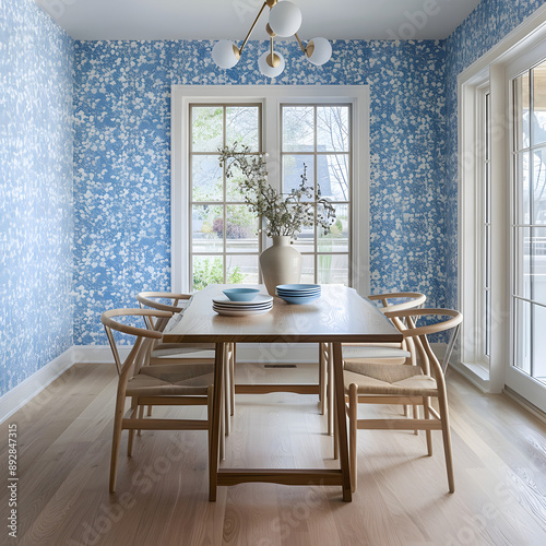 dining room with wood dining and Light blue wallpaper
