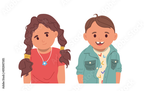Little cute boy and girl preschool child cartoon character, adorable kids portrait isolated on white