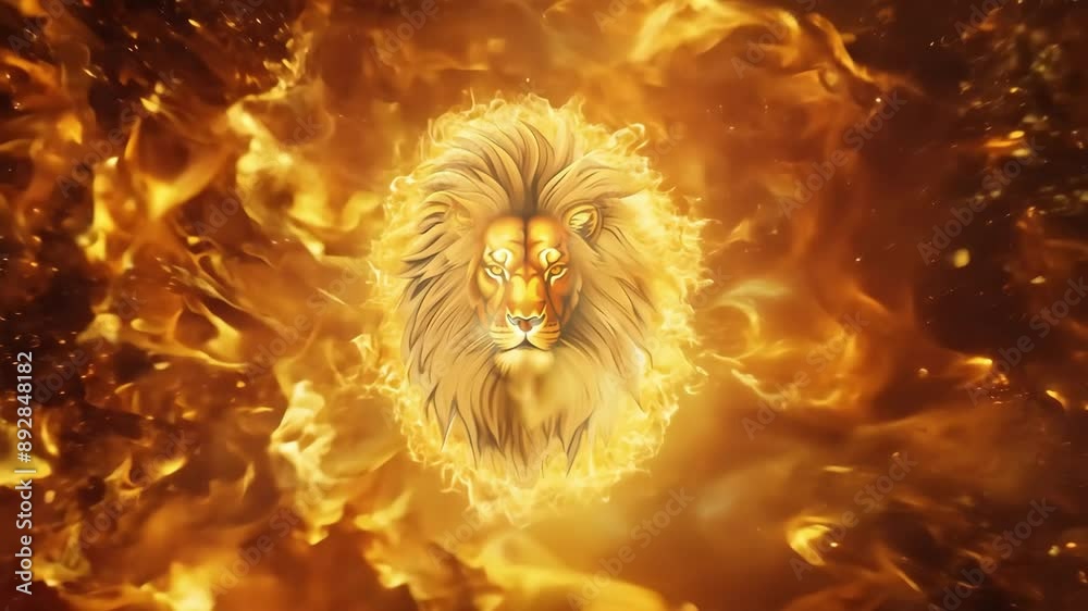 majestic lion fire head formed by glowing particles in cosmic space, celestial animal astrology leo constellation concept