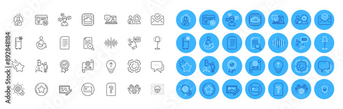 No card, Approved mail and Sound wave line icons pack. Chemistry lab, Cyber attack, Message web icon. Document, Bitcoin project, Approved award pictogram. Share, Favorite. Color icon buttons. Vector