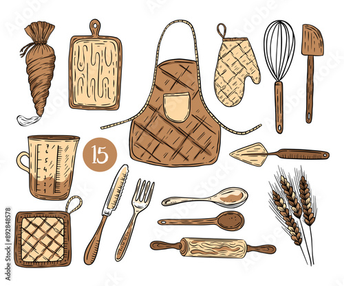 Vintage vector retro set illustration kitchen supplies utensils apron gloves spoons forks measuring cup oven mitt wheat rolling pin cutting board spatula
