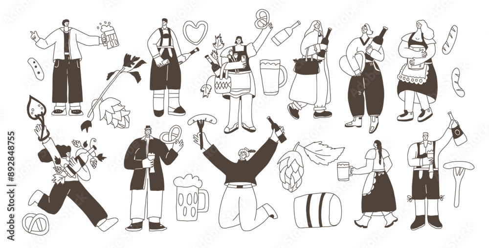 Fototapeta premium Oktoberfest characters set. Beer festival people kit. Vector collection illustration isolated on white background.