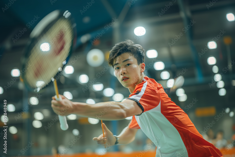 Fototapeta premium A Badminton Player's Focus During a Heated Match in an Indoor Stadium