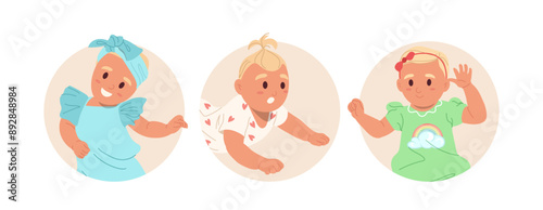 Isolated round composition set with happy healthy newborn babies cartoon active kids characters