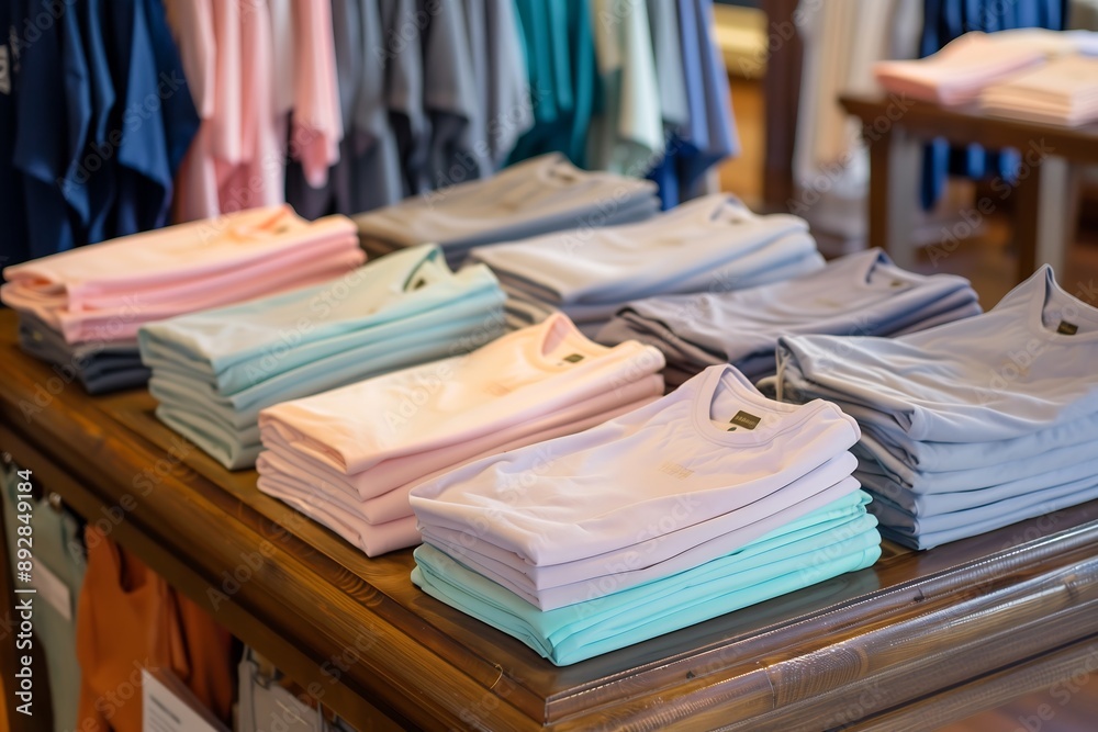 Stacks of light coloured t-shirts on the counter in a shop, a concept of sales, retail, fashion and assortment Stacks of light coloured t-shirts on the counter in a shop, a concept of sales, retail, fashion and assortment