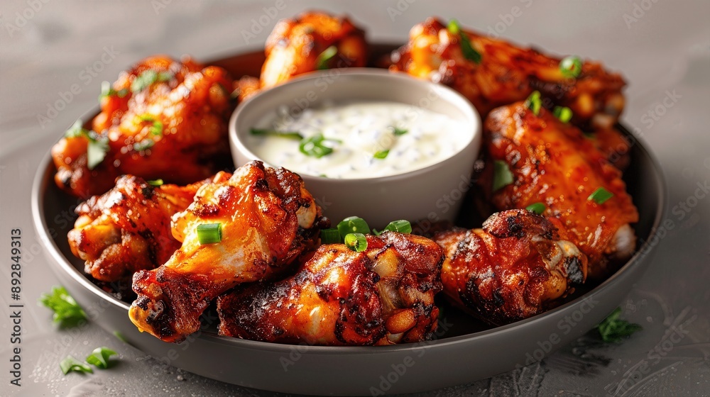 Close-up of crispy, golden brown chicken wings with a side of creamy white dipping sauce. Close-up of crispy, golden brown chicken wings with a side of creamy white dipping sauce.