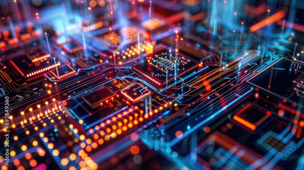 A closeup of a circuit board with red and blue lights A closeup of a circuit board with red and blue lights