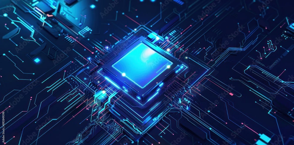 A Closeup View of a Futuristic Circuit Board with Glowing Blue Lines and a Bright Blue Processor A Closeup View of a Futuristic Circuit Board with Glowing Blue Lines and a Bright Blue Processor