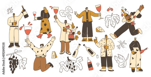 Wine Festival Set. People with wineglasses and bottles kit. Cute characters with alcohol beverage. Vector hand drawn collection illustration isolated on white background.