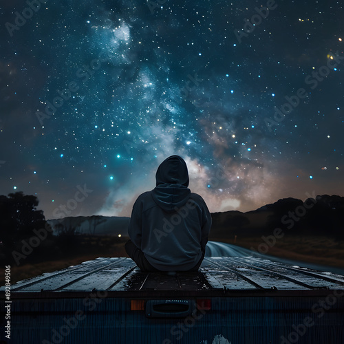 man sitting looking up at stars with hoodie