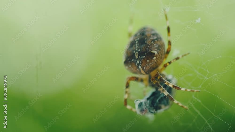 Close up shot of spider Araneus diadematus wraps prey in a cocoon on green background.