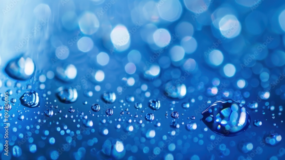 Water droplets reflecting light on a blue surface creating a bokeh effect