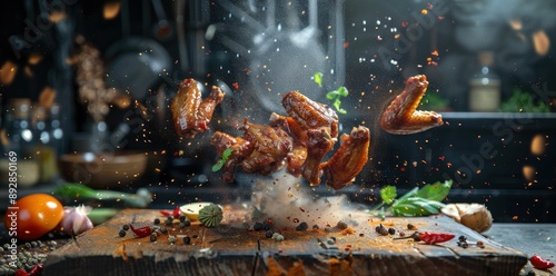 Delicious chicken wings with spices flying in the air photo