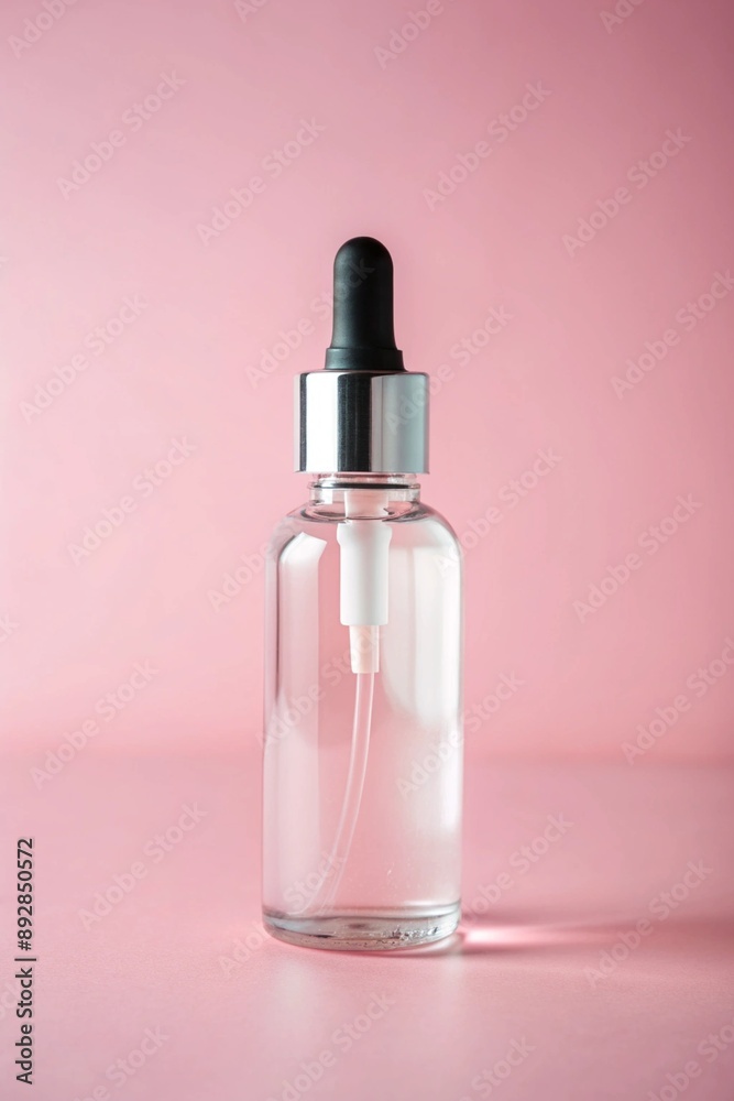 Glass dropper bottle on a pastel pink background. Monochrome color. Minimalist healthy skincare concept. Glass dropper bottle on a pastel pink background. Monochrome color. Minimalist healthy skincare concept.
