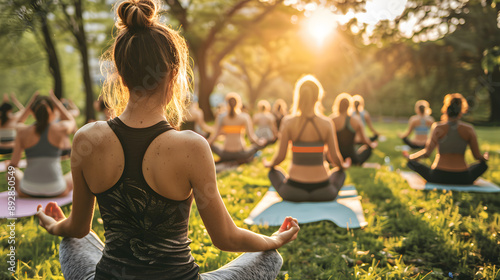 Group of people doing yoga poses in a city park during a fitness class session.