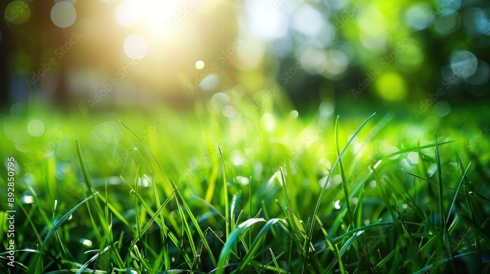 A closeup of vibrant green grass blades illuminated by sunlight A closeup of vibrant green grass blades illuminated by sunlight
