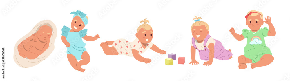 Newborn baby cartoon characters sleeping and playing with toys set isolated on white background Newborn baby cartoon characters sleeping and playing with toys set isolated on white background