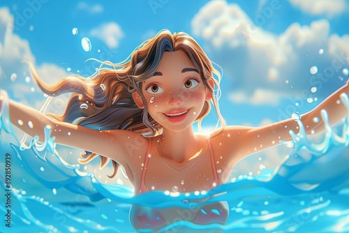 Idyllic ocean scene happy woman soaking up sun. Outdoor portrait of cheerful female savoring luxurious holiday. Radiating happiness and confidence while relishing luxurious vacation.