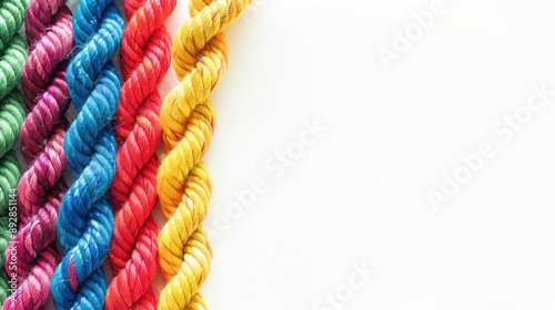 Colorful twisted ropes arranged side by side on white background photo